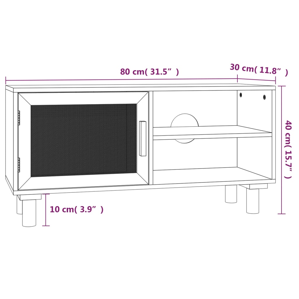 TV-Schrank Braun 80x30x40 cm Massivholz Kiefer und Natur-Rattan