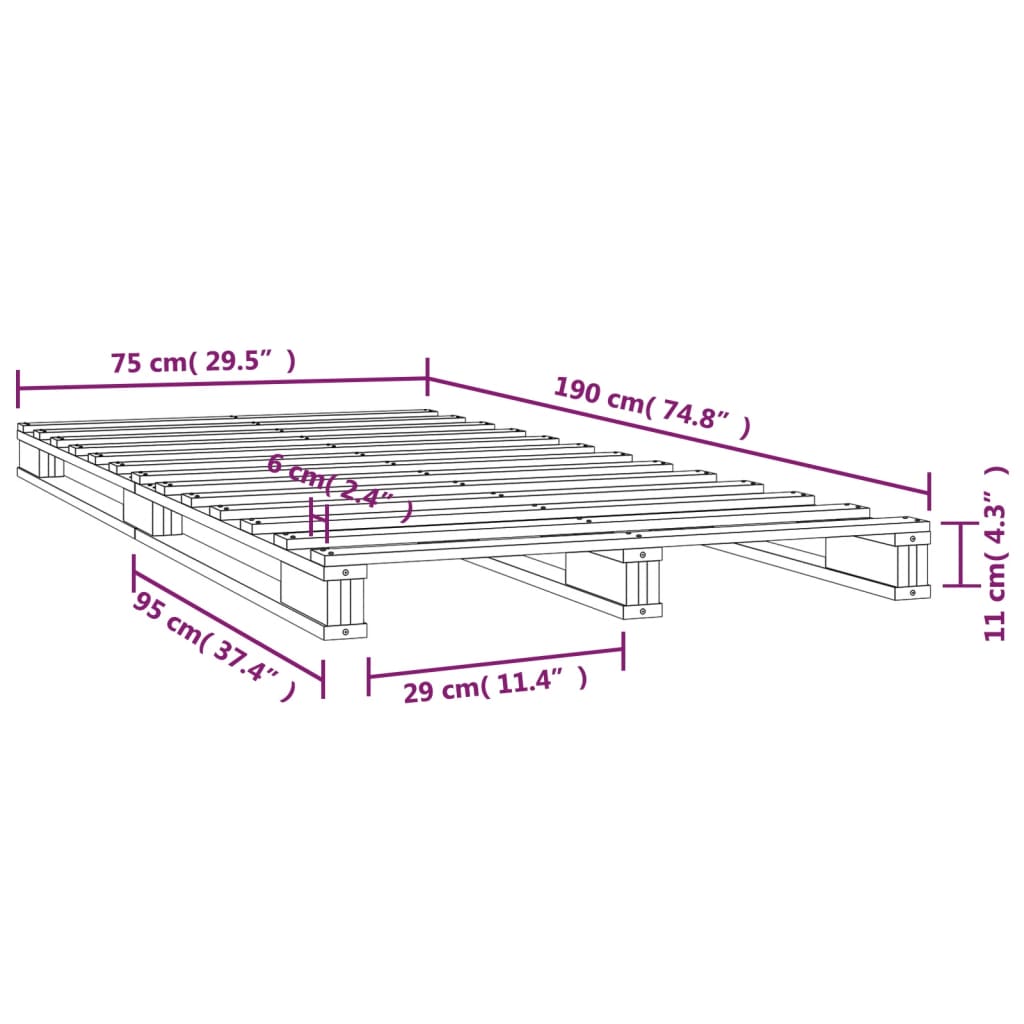 Palettenbett Grau 75x190 cm Massivholz Kiefer