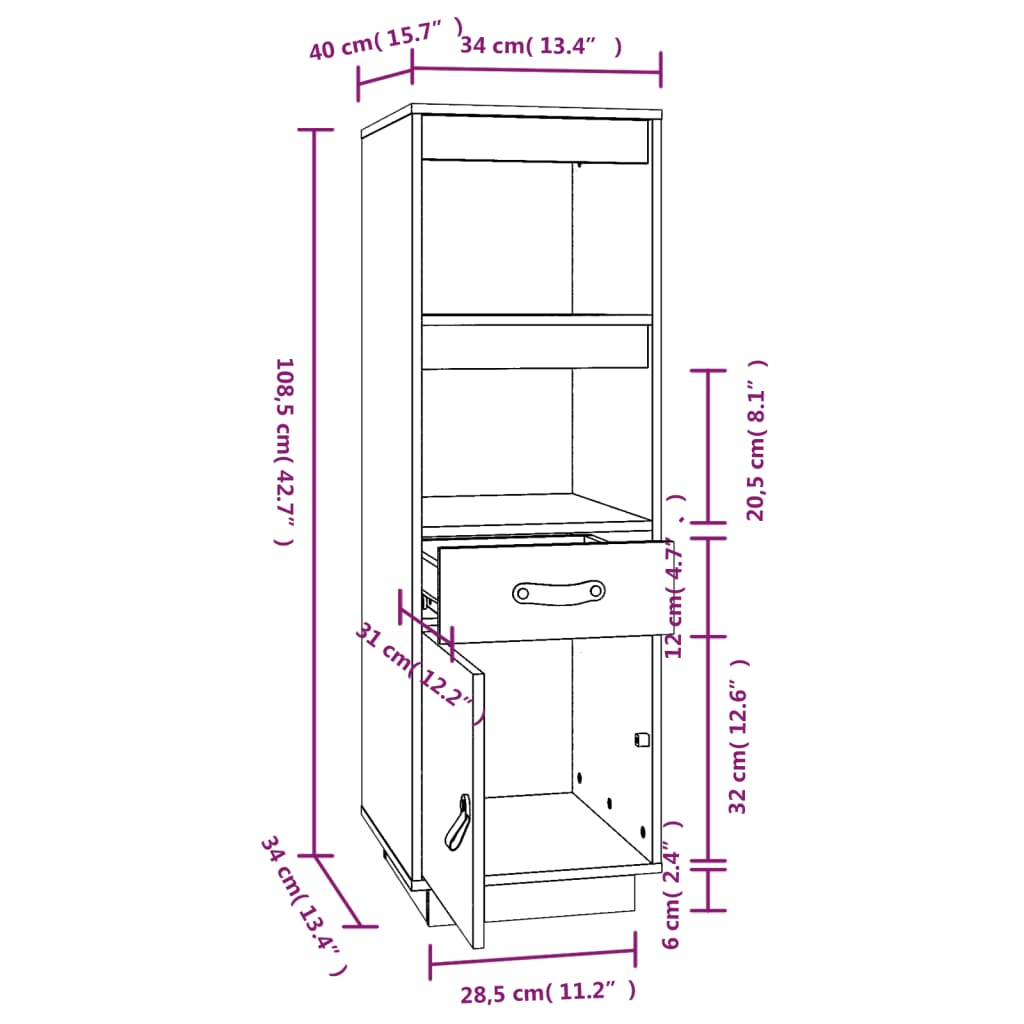 Highboard 34x40x108,5 cm Massivholz Kiefer