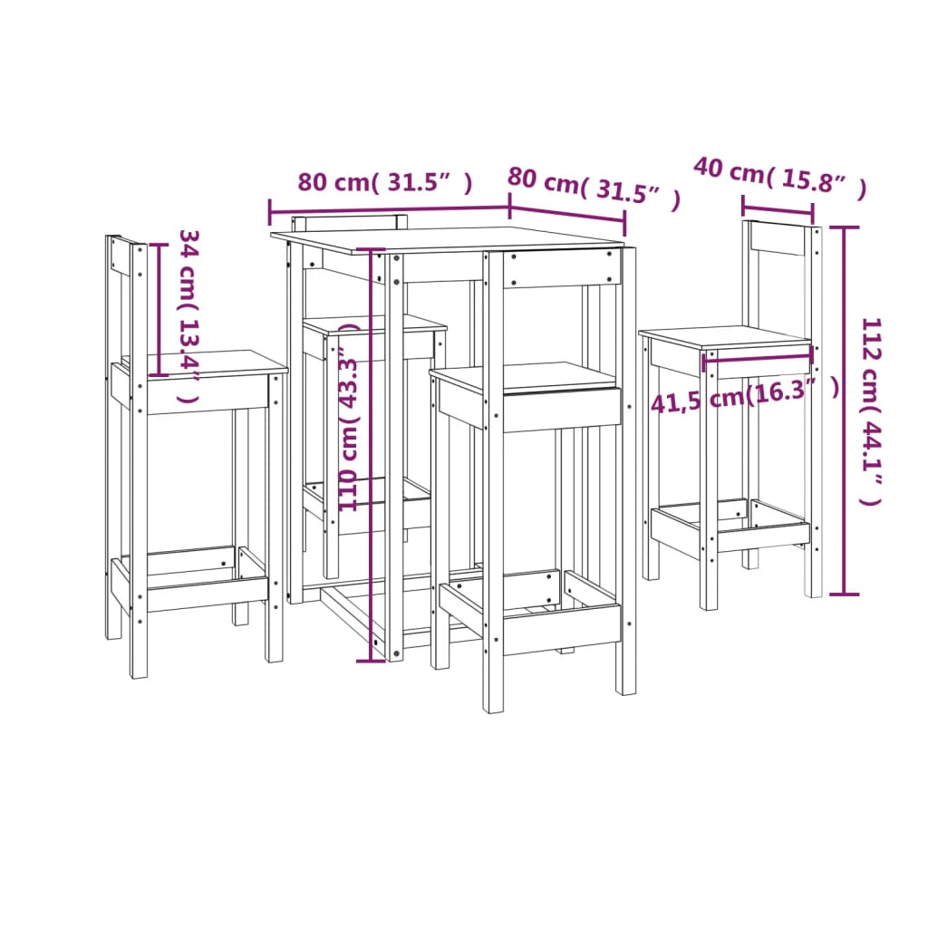 5-tlg. Bar-Set Massivholz Kiefer