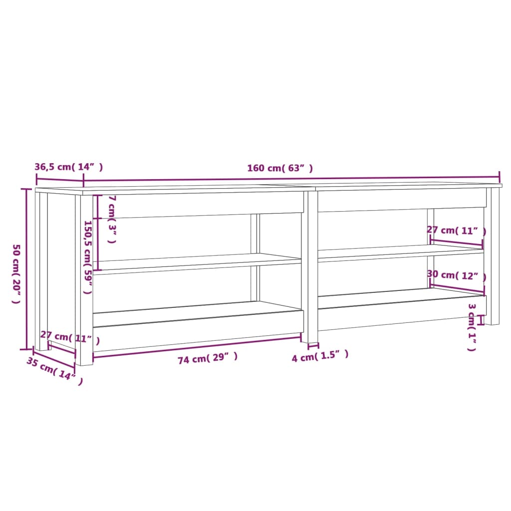 Schuhbank Weiß 160x36,5x50 cm Massivholz Kiefer