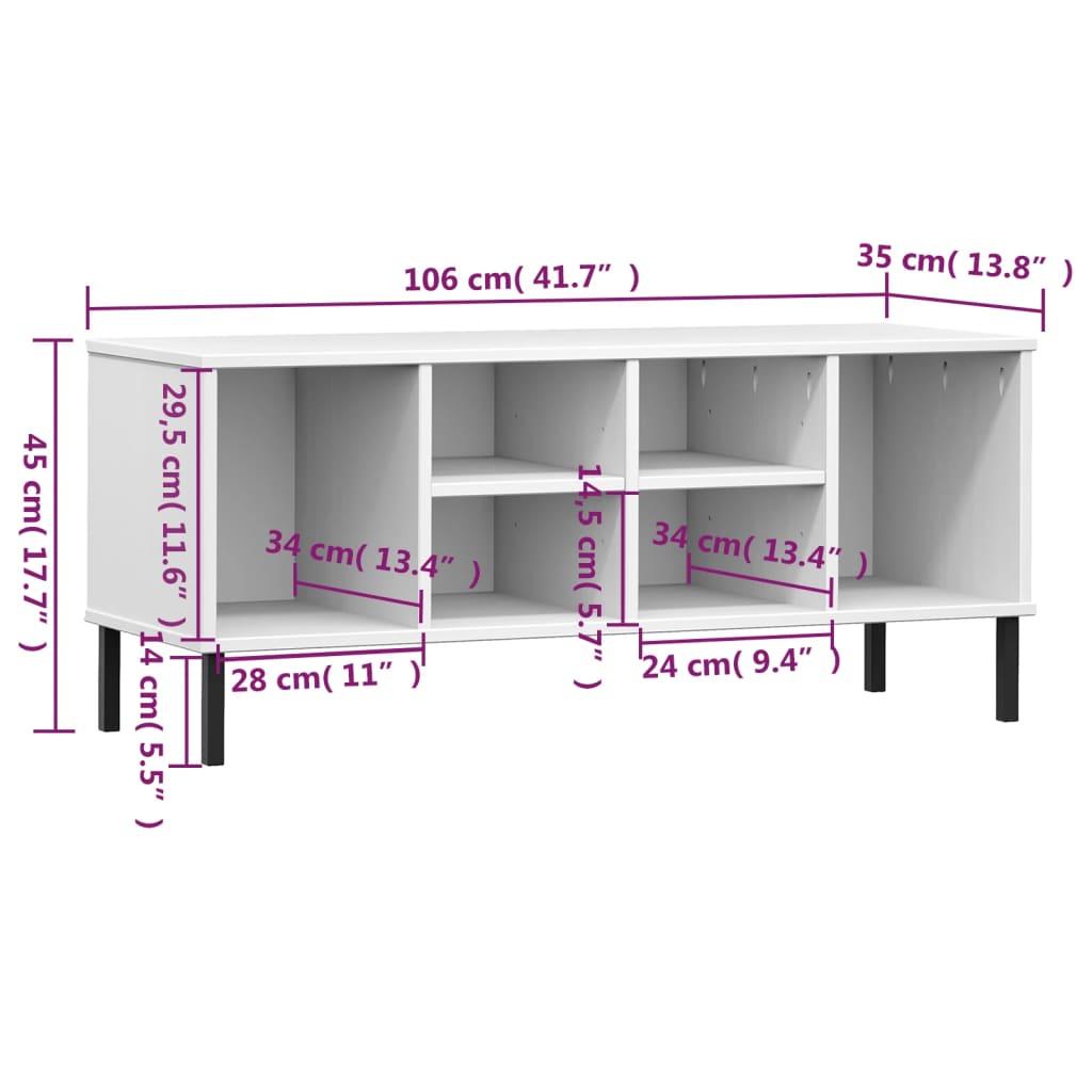 Schuhregal OSLO mit Metallbeinen Weiß 106x35x45 cm Massivholz