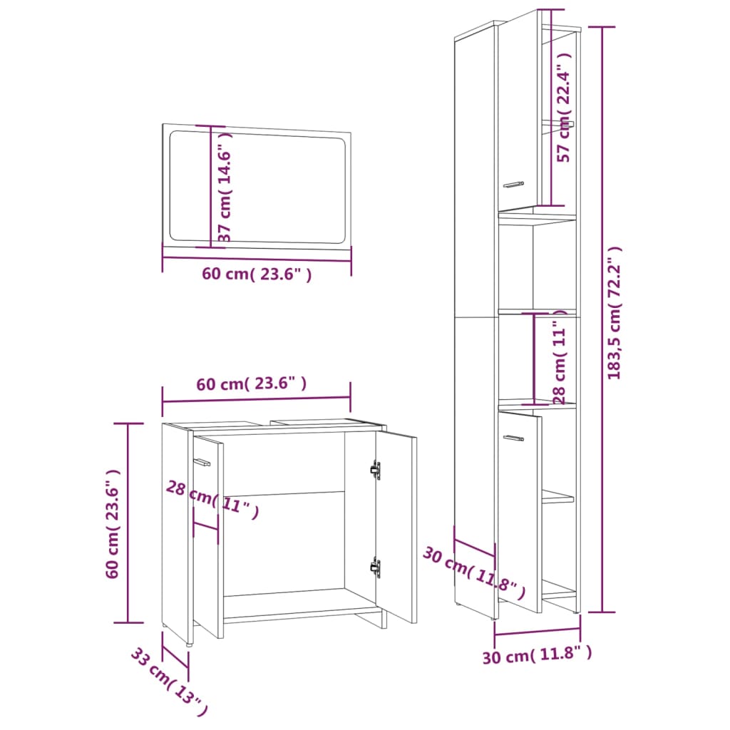 3-tlg. Badmöbel-Set Räuchereiche Holzwerkstoff