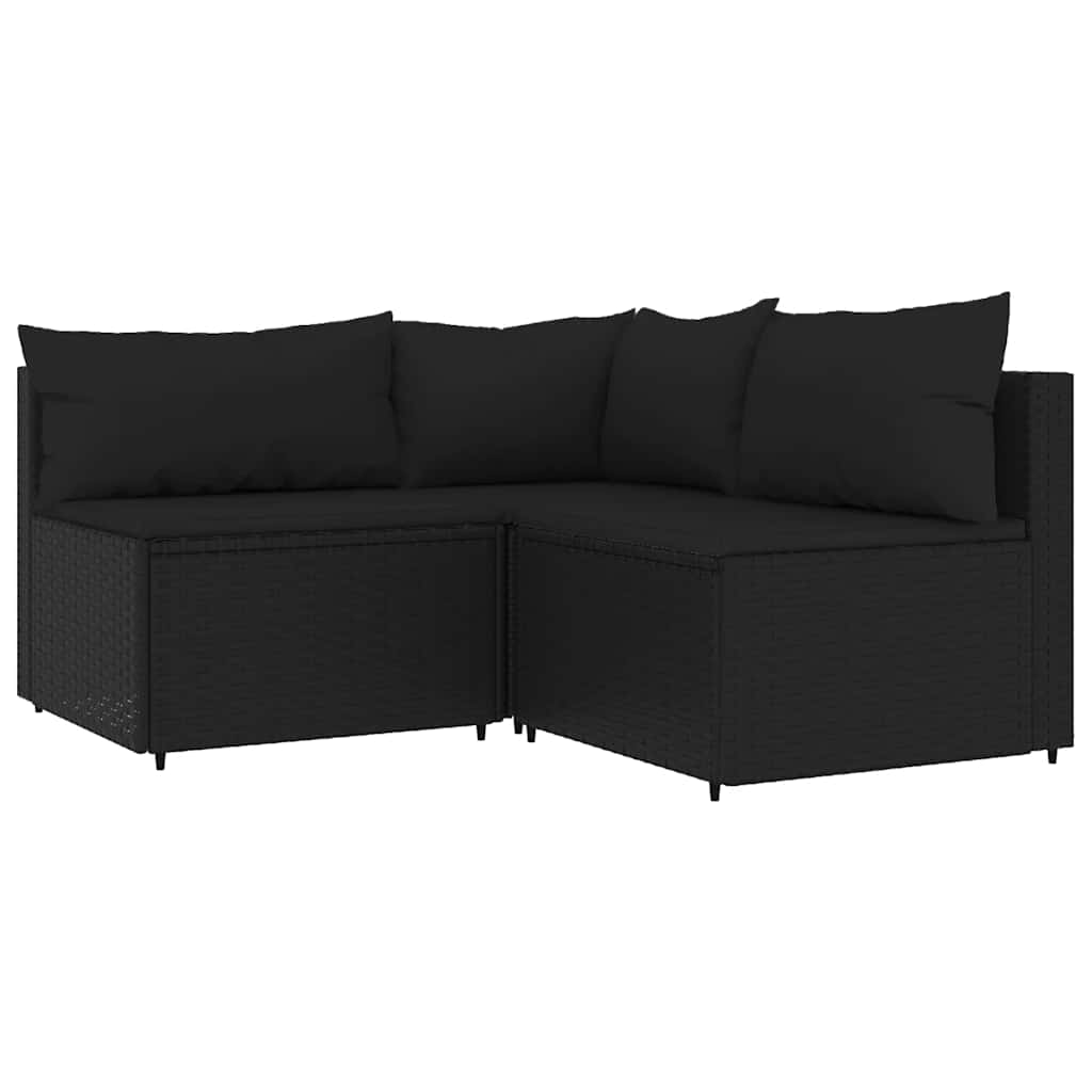 3-tlg. Garten-Lounge-Set mit Kissen Schwarz Poly Rattan