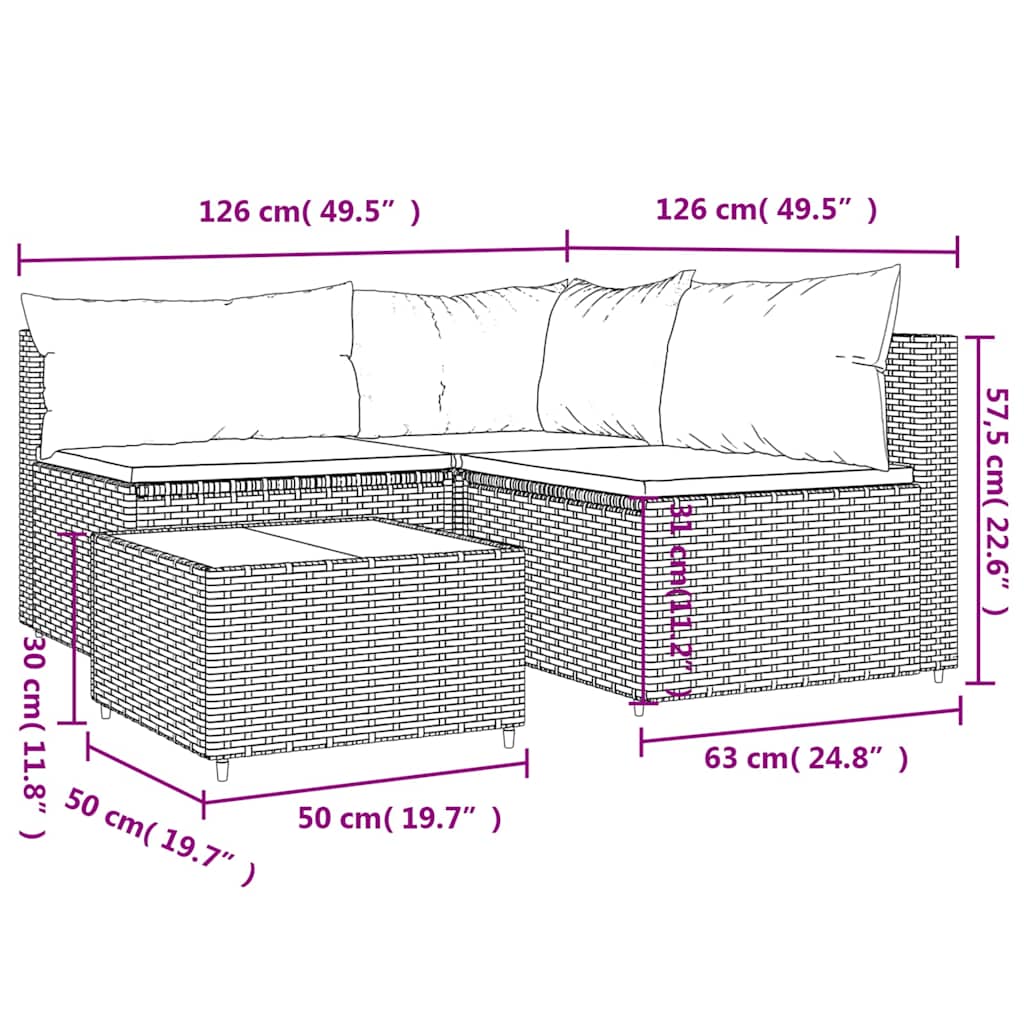 4-tlg. Garten-Lounge-Set mit Kissen Schwarz Poly Rattan