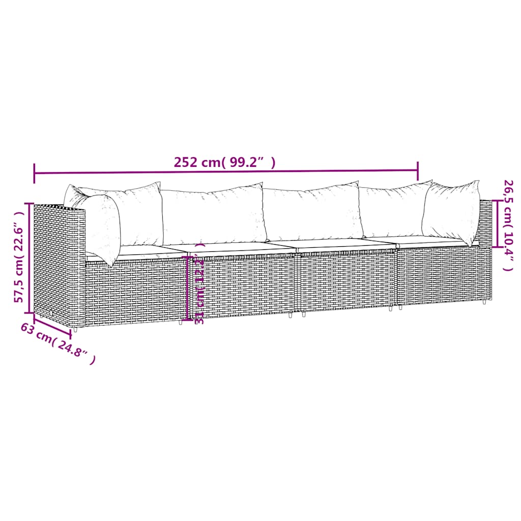 4-tlg. Garten-Lounge-Set mit Kissen Braun Poly Rattan