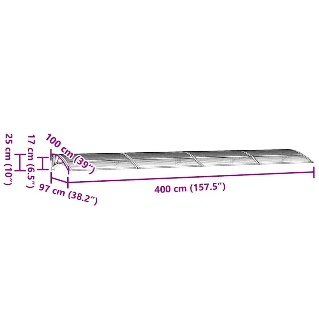 Türvordach Grau 400 x 100 cm Polycarbonat