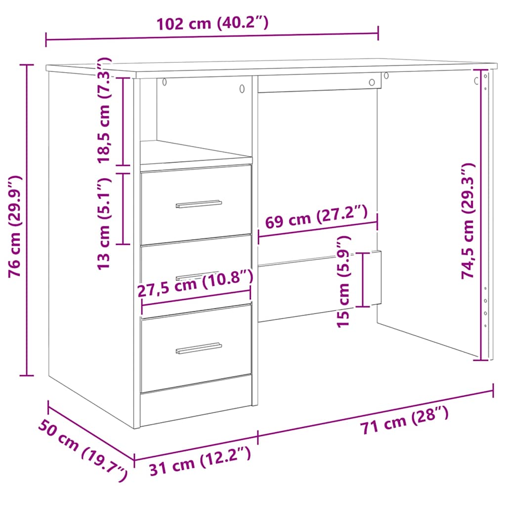 Schreibtisch mit Schubladen Räuchereiche 102x50x76 cm