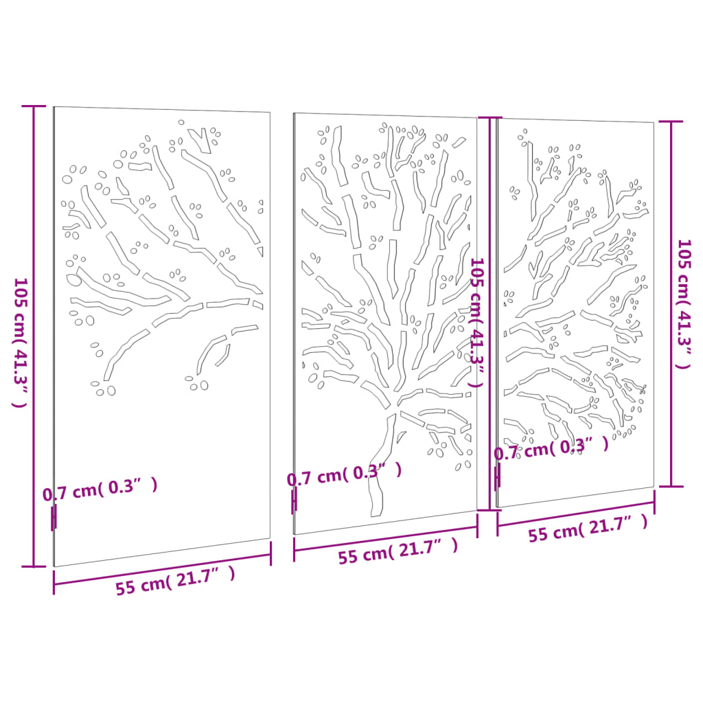 3-tlg. Garten-Wanddeko 105x55 cm Cortenstahl Baum-Design