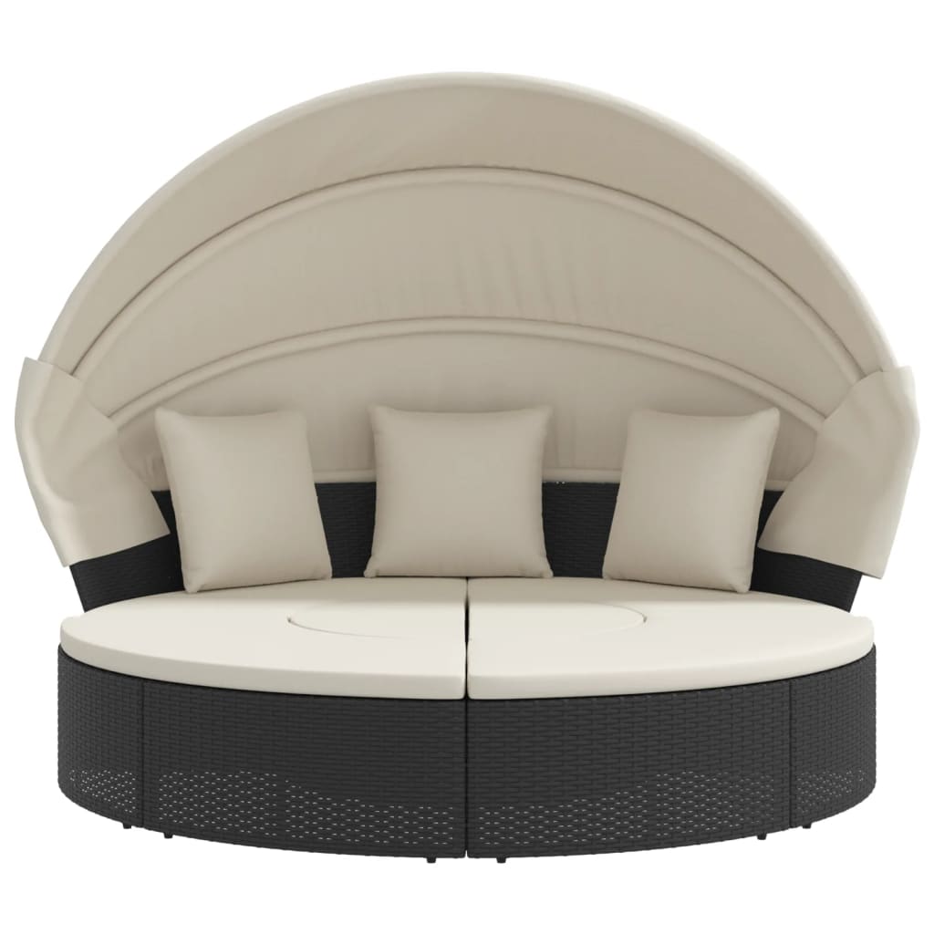 Outdoor-Loungebett mit Dach und Kissen Schwarz Poly Rattan