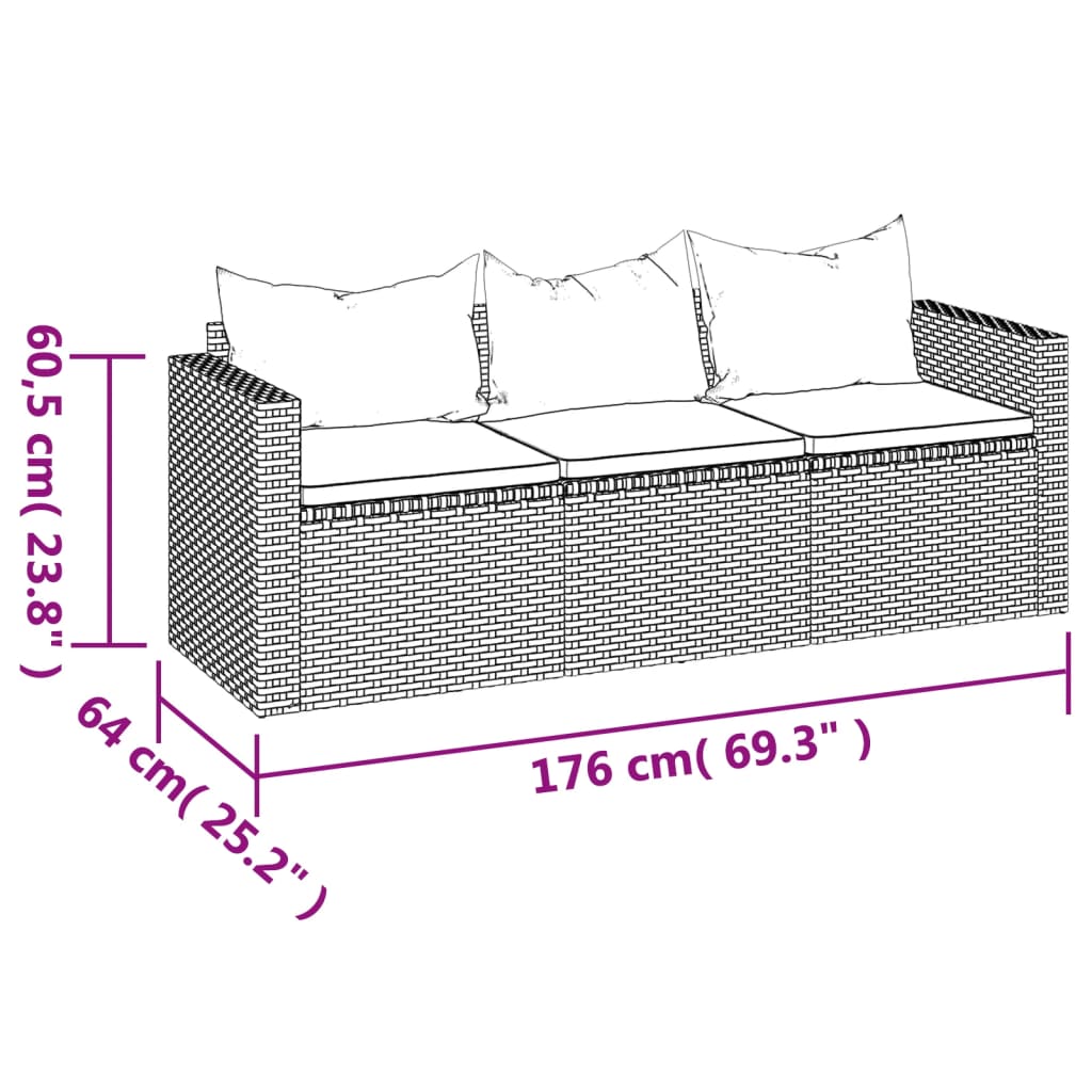 Gartensofa 3-Sitzer mit Kissen Braun Poly Rattan