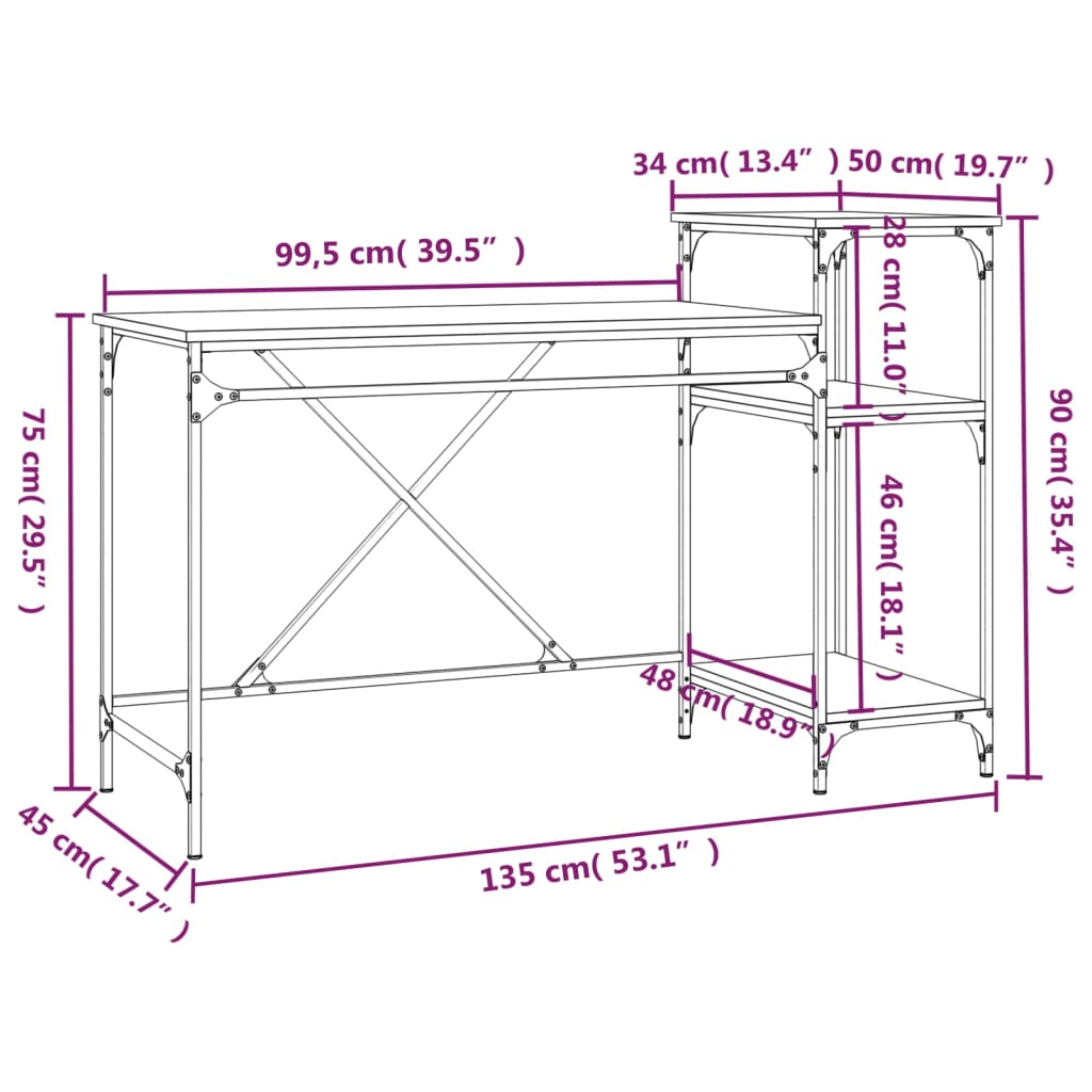 Schreibtisch mit Regal Grau Sonoma 135x50x90 cm Holzwerkstoff