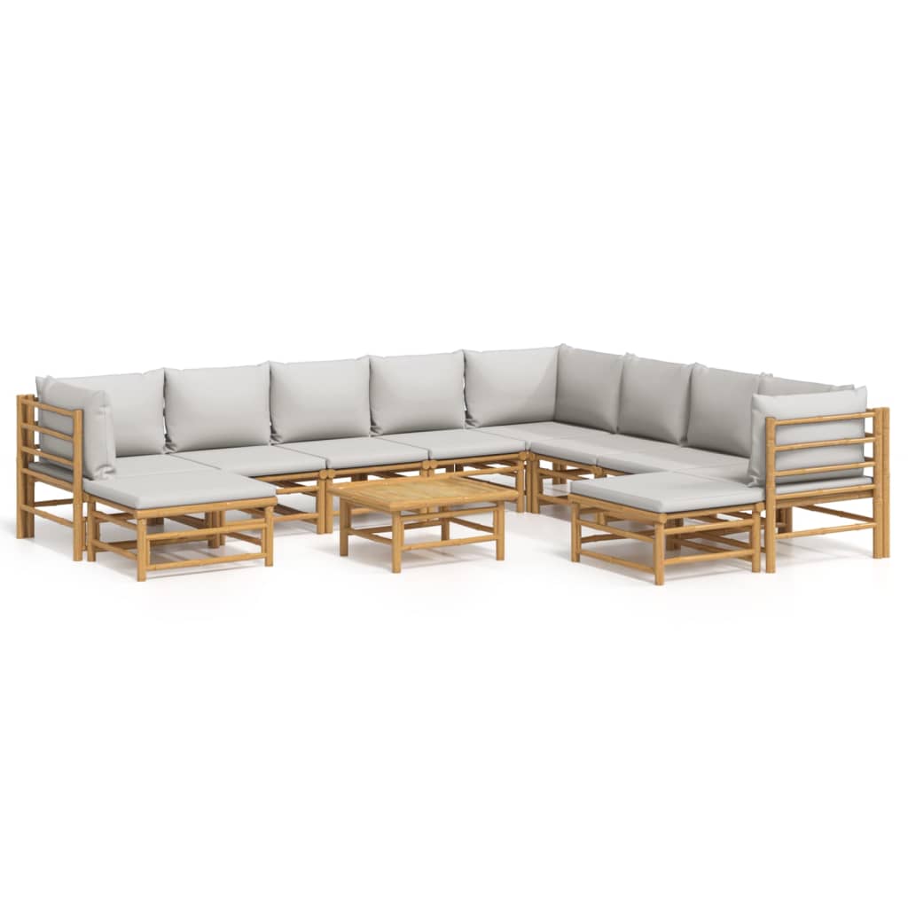 11-tlg. Garten-Lounge-Set mit Hellgrauen Kissen Bambus