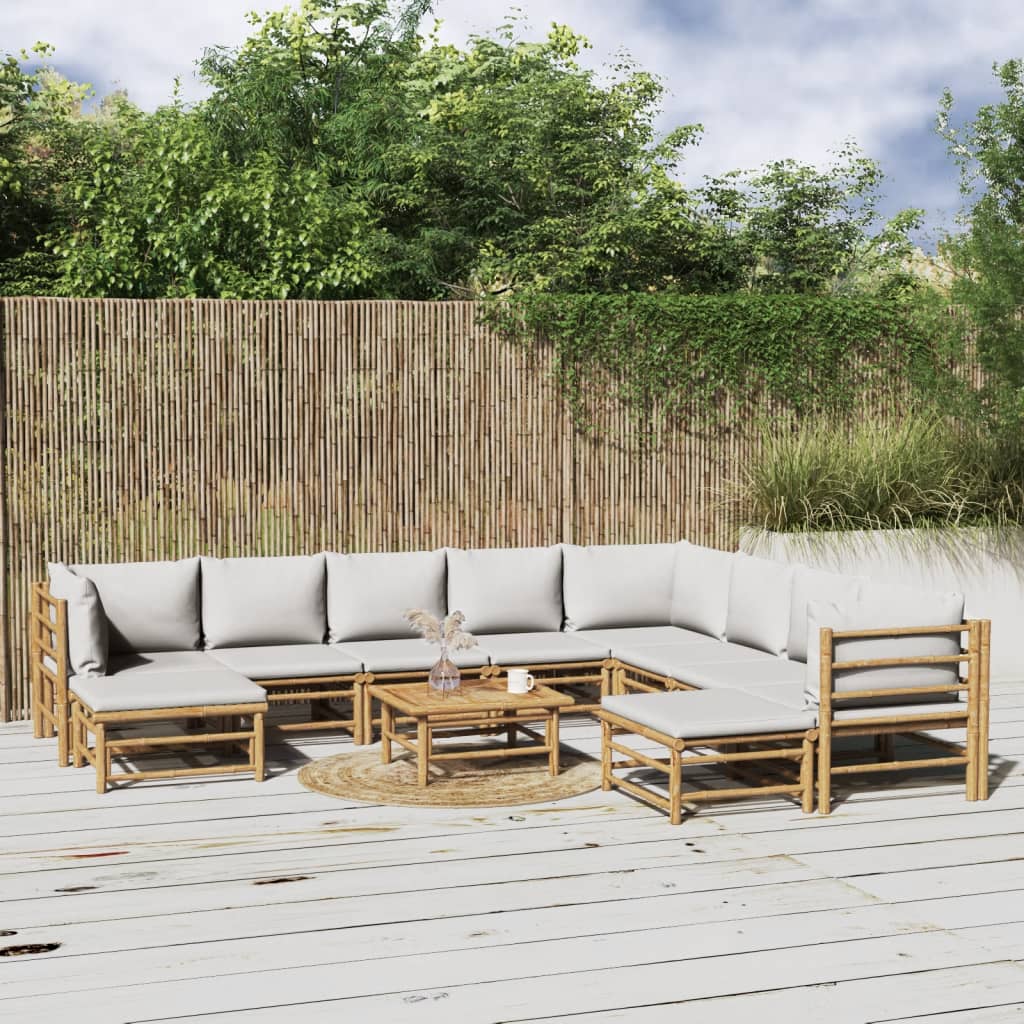 11-tlg. Garten-Lounge-Set mit Hellgrauen Kissen Bambus