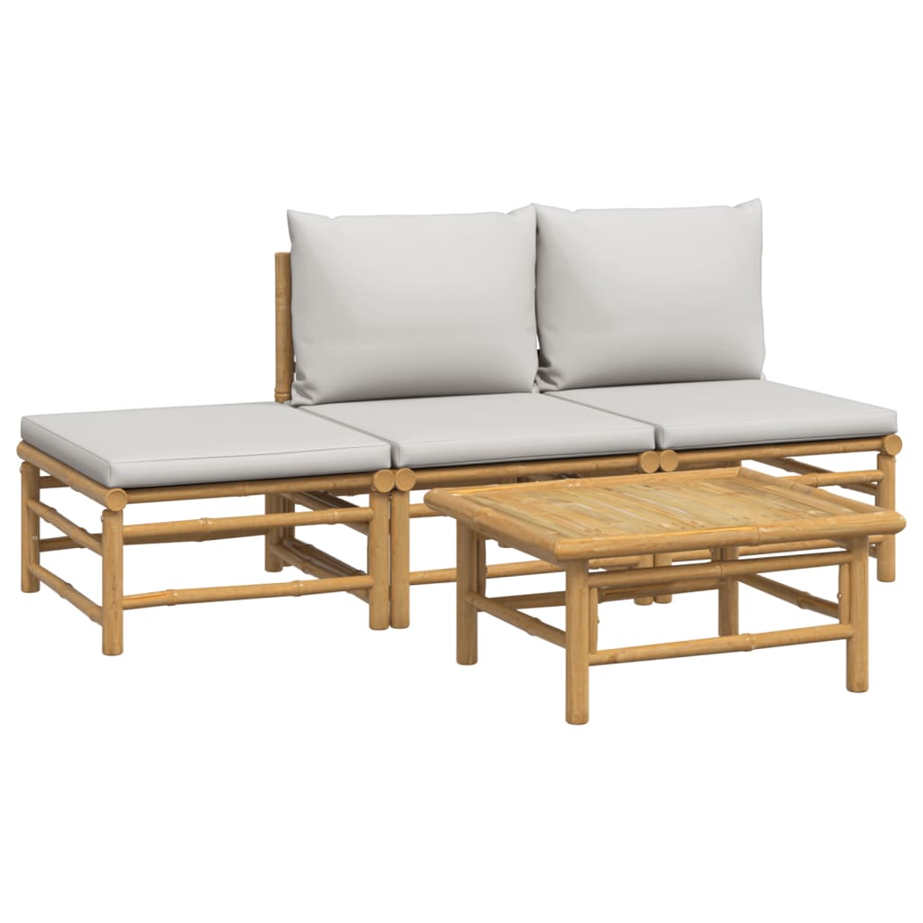 4-tlg. Garten-Lounge-Set mit Hellgrauen Kissen Bambus