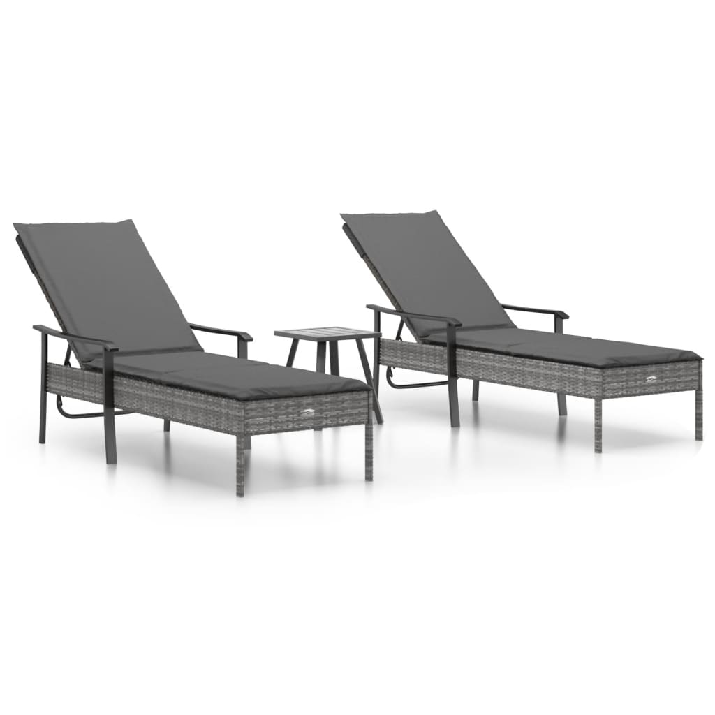 Sonnenliegen 2 Stk. mit Tisch und Auflagen Grau Poly Rattan