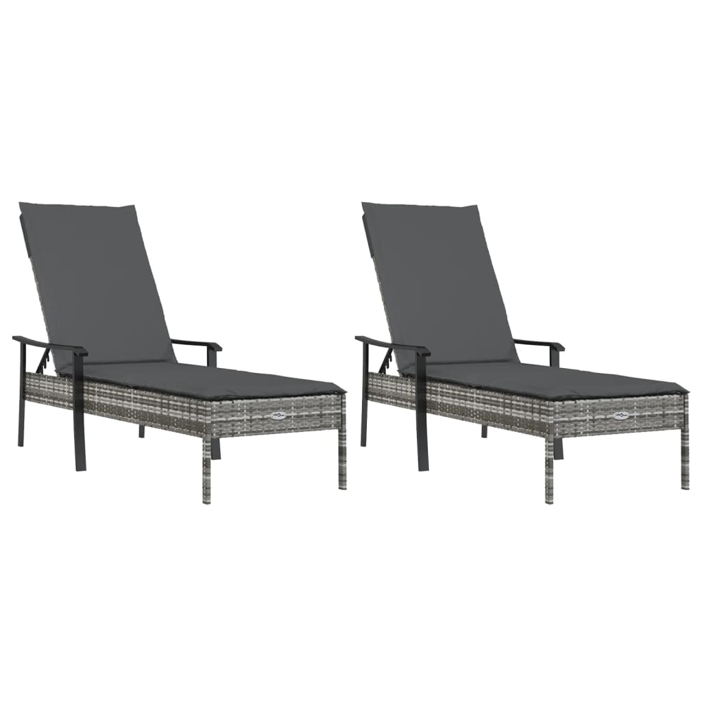 Sonnenliegen 2 Stk. mit Tisch und Auflagen Grau Poly Rattan