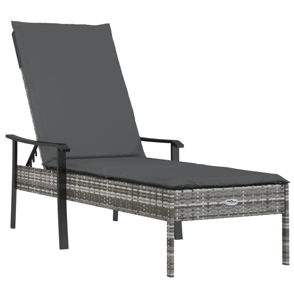 Sonnenliegen 2 Stk. mit Tisch und Auflagen Grau Poly Rattan