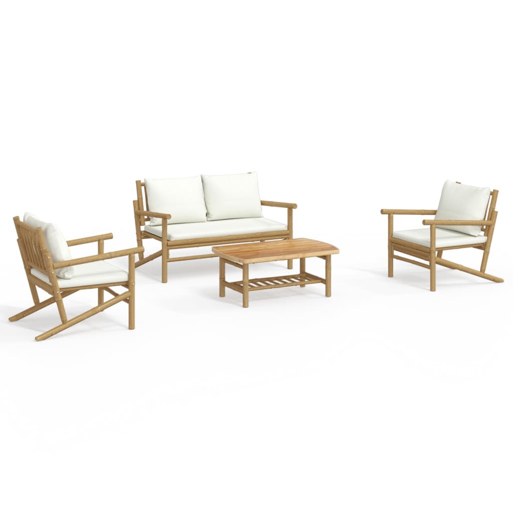4-tlg. Garten-Lounge-Set mit Cremeweißen Kissen Bambus