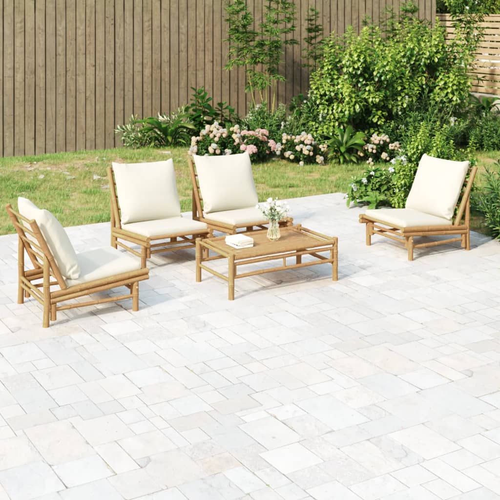 5-tlg. Garten-Lounge-Set mit Cremeweißen Kissen Bambus