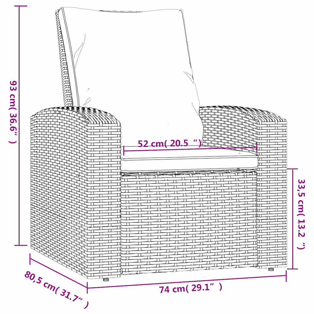 Gartensessel Verstellbar mit Kissen Hellbraun Poly Rattan