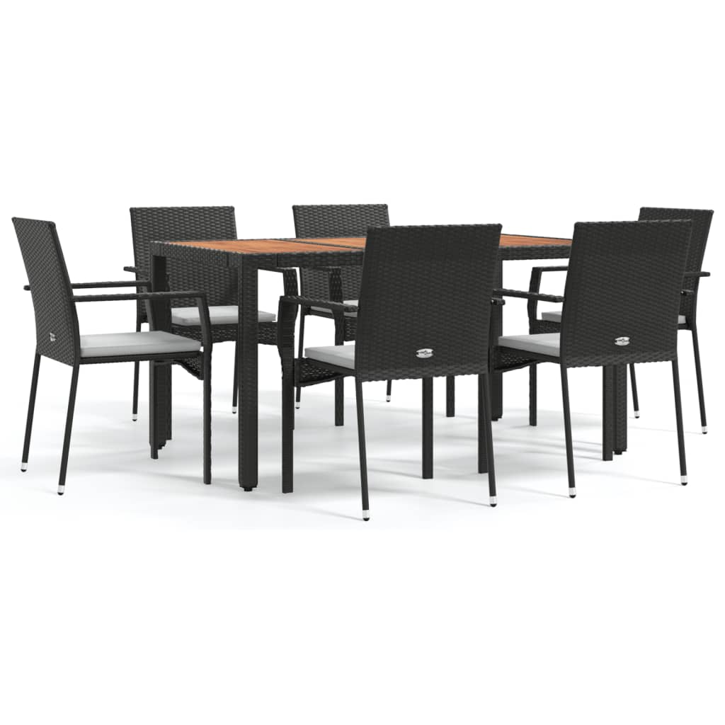 7-tlg. Garten-Essgruppe mit Kissen Schwarz Poly Rattan