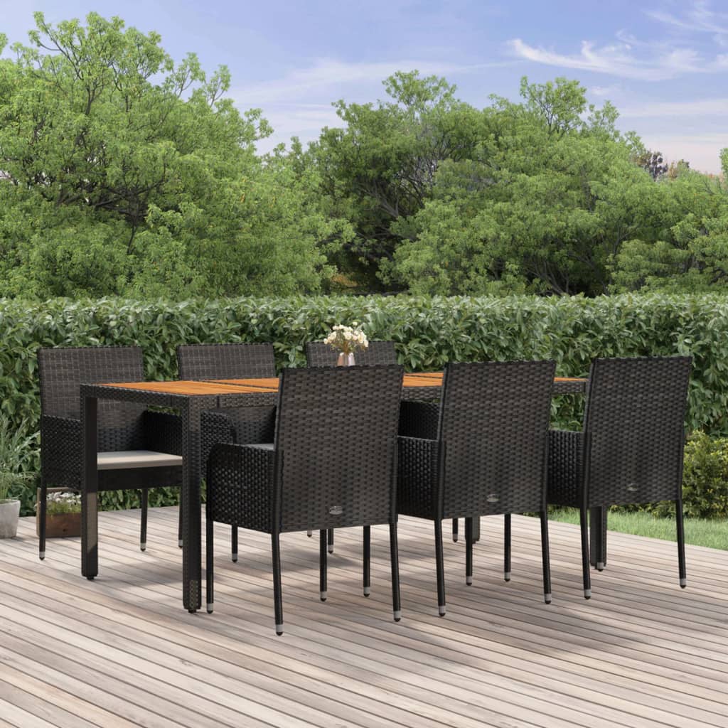 7-tlg. Garten-Essgruppe mit Kissen Schwarz Poly Rattan