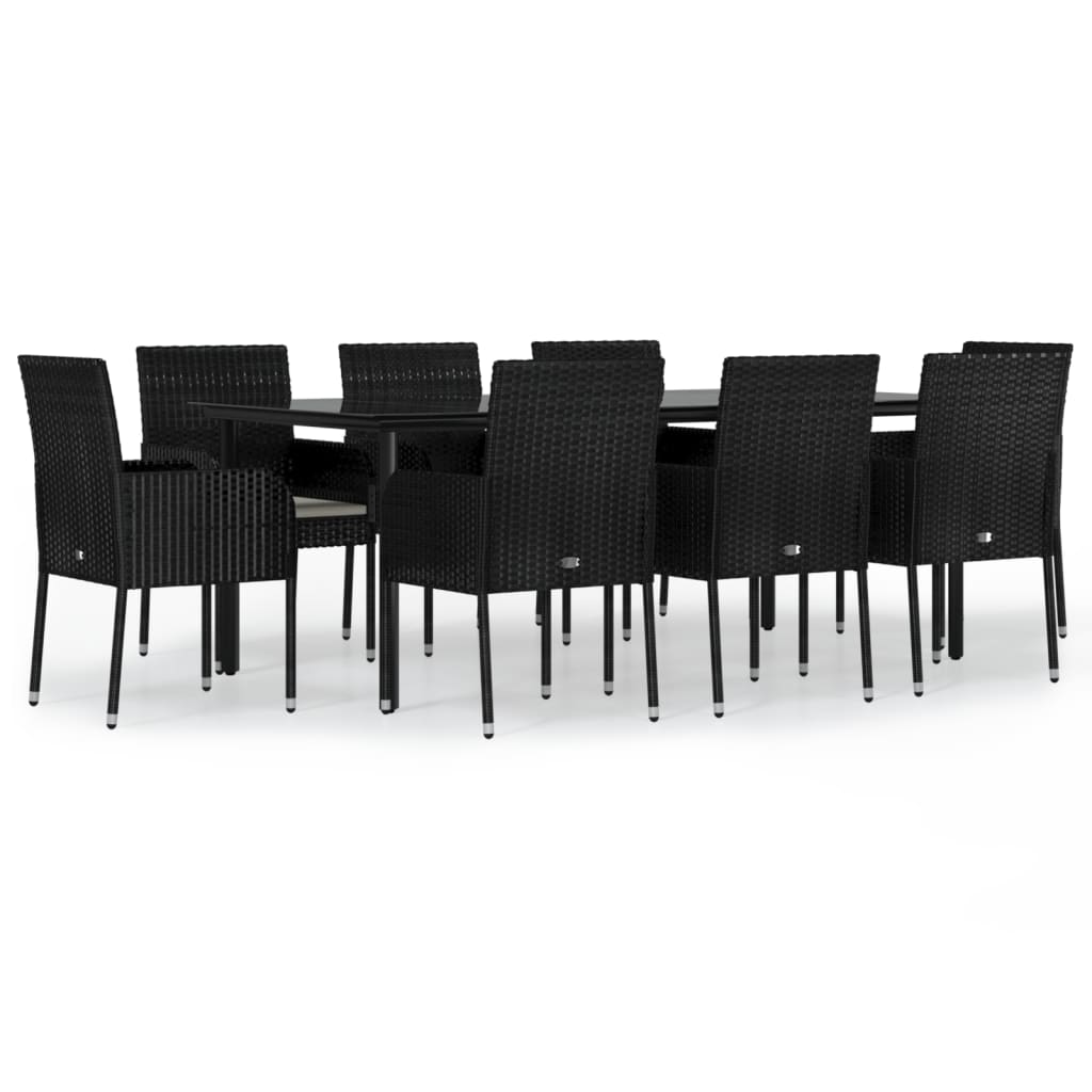 9-tlg. Garten-Essgruppe mit Kissen Schwarz Poly Rattan