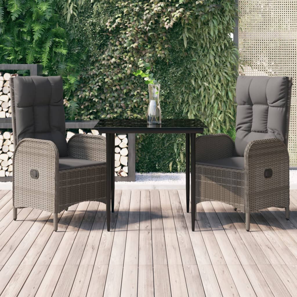 3-tlg. Garten-Essgruppe mit Kissen Schwarz und Grau Poly Rattan