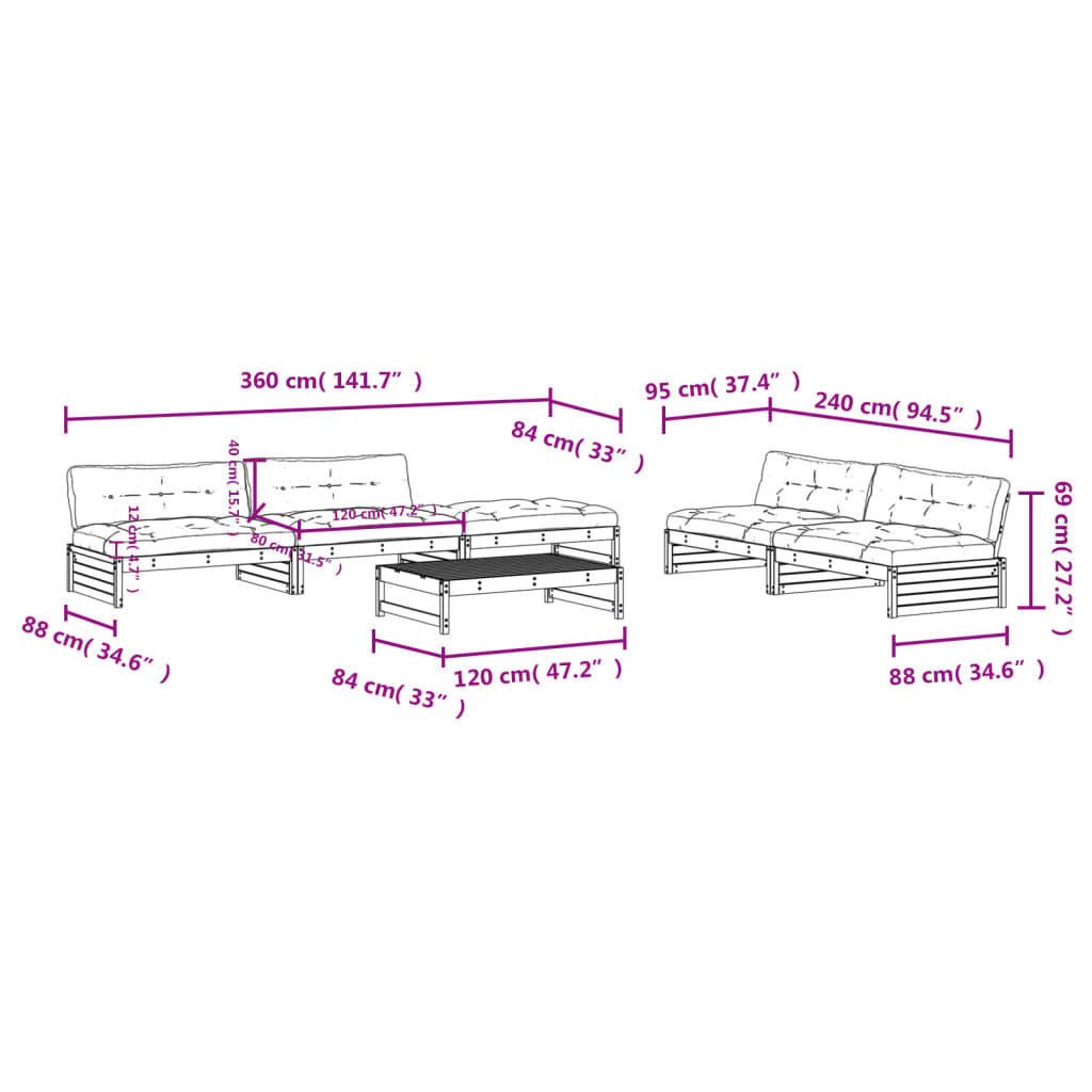 6-tlg. Garten-Lounge-Set mit Kissen Massivholz