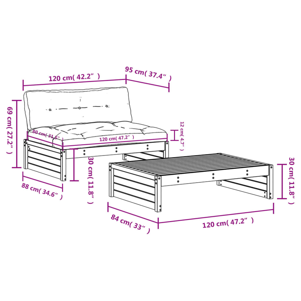 2-tlg. Garten-Lounge-Set mit Kissen Grau Massivholz