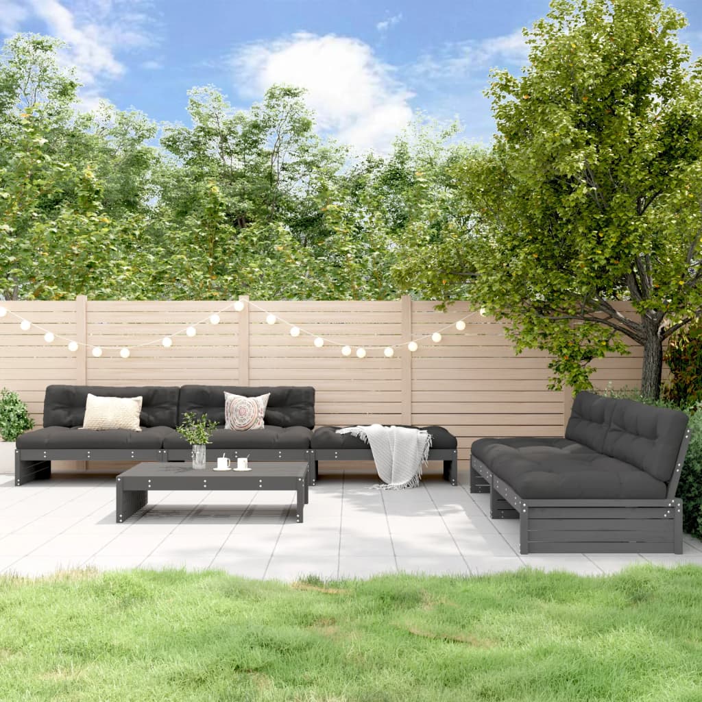 6-tlg. Garten-Lounge-Set mit Kissen Grau Massivholz