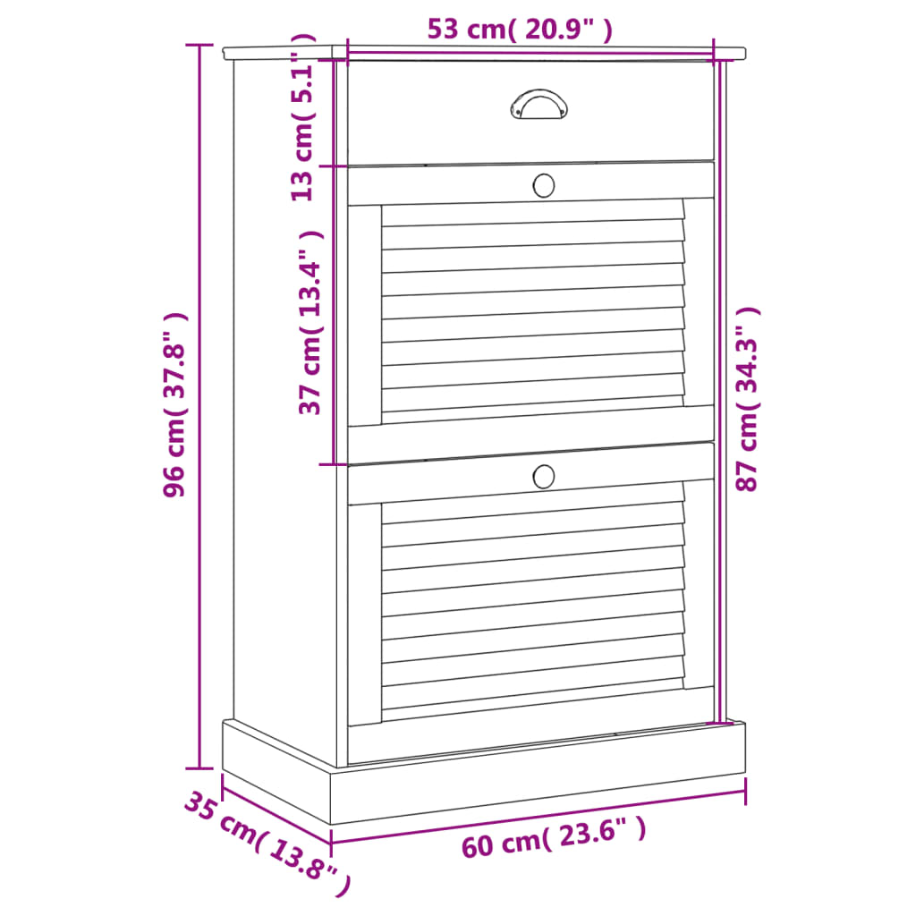 Schuhschrank VIGO 60x35x96 cm Weiß Massivholz Kiefer