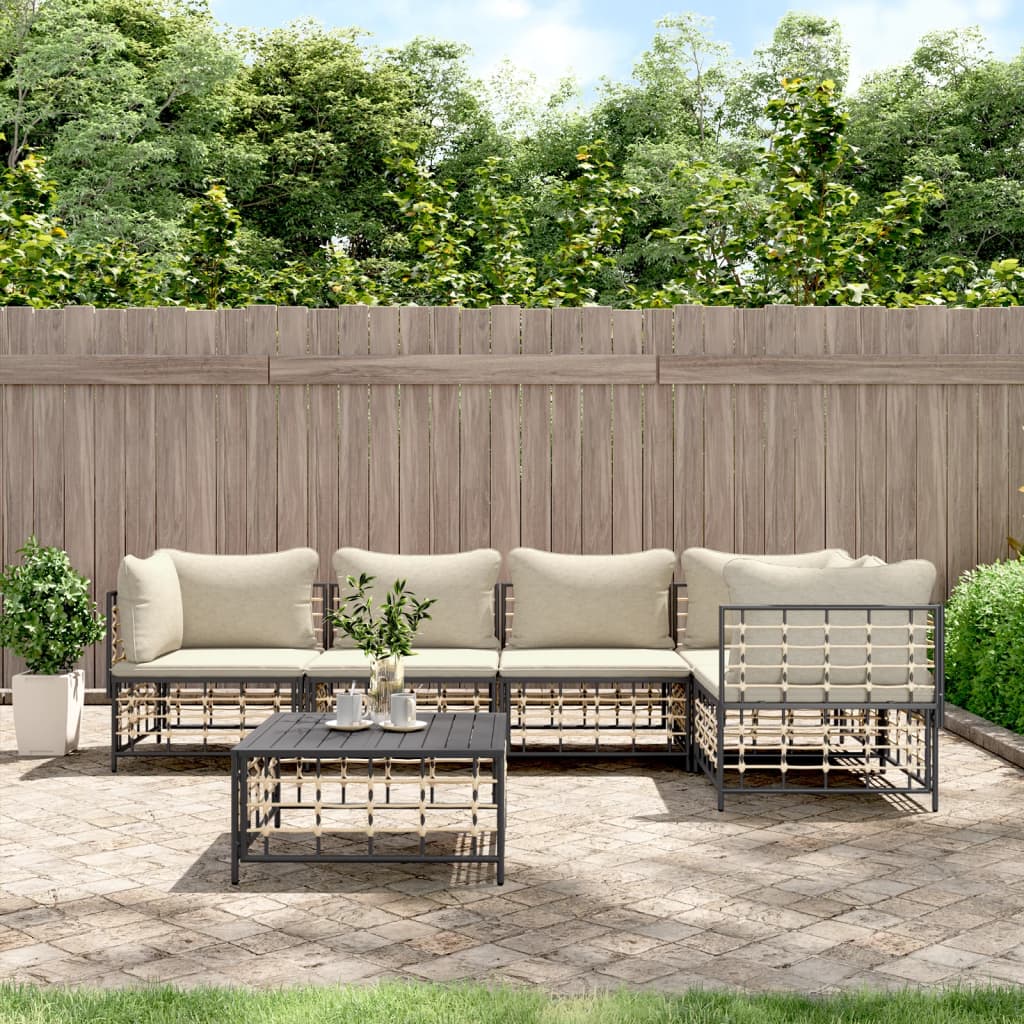 6-tlg. Garten-Lounge-Set mit Kissen Anthrazit Poly Rattan