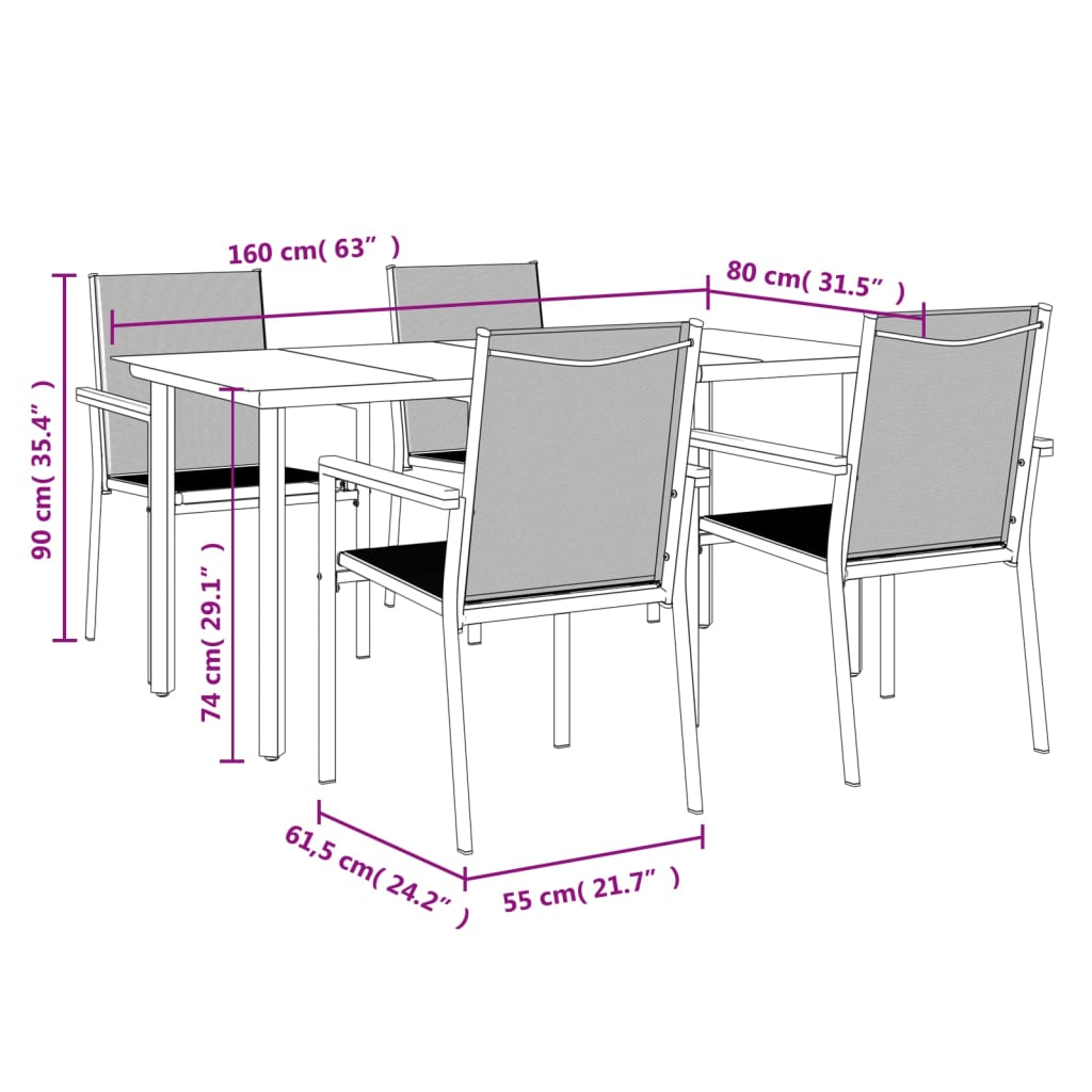 5-tlg. Garten-Essgruppe Schwarz Textilene und Stahl