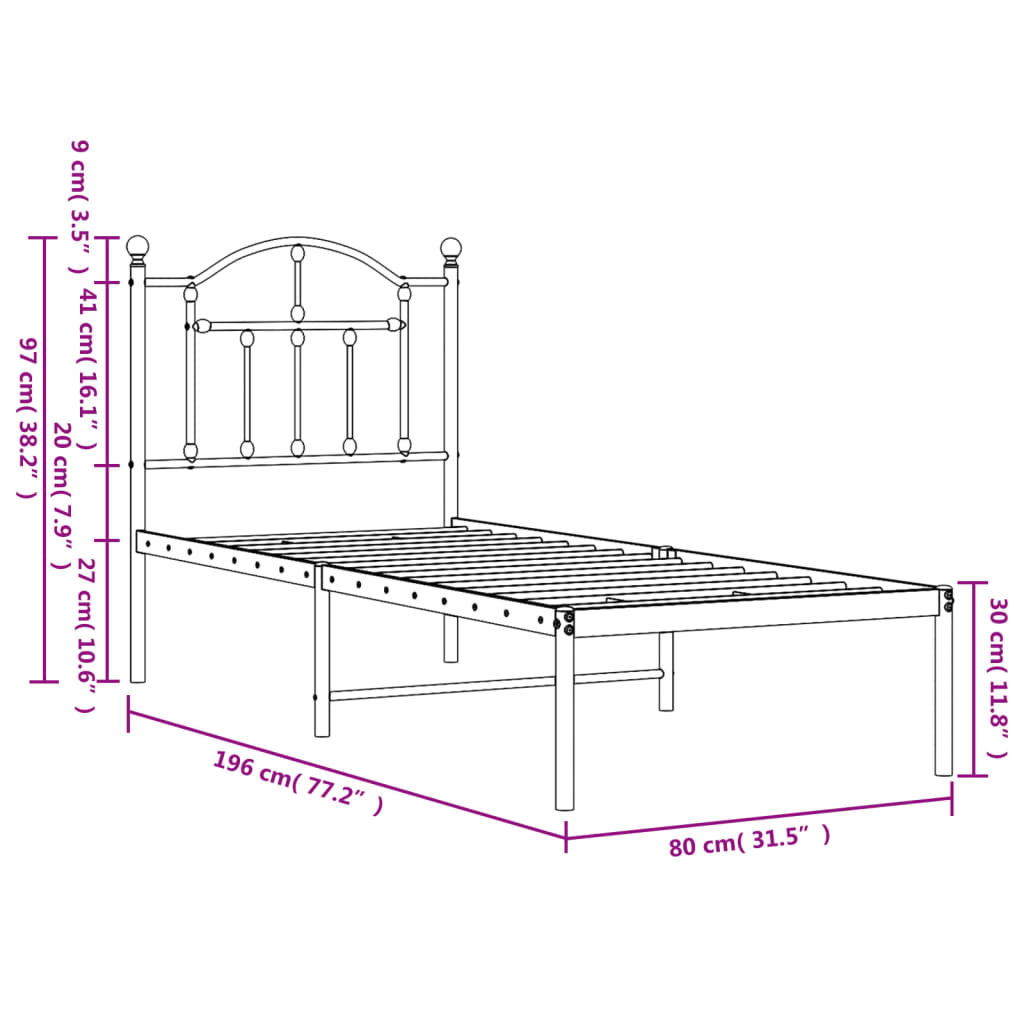 Metallbett ohne Matratze mit Kopfteil Weiß 75x190 cm