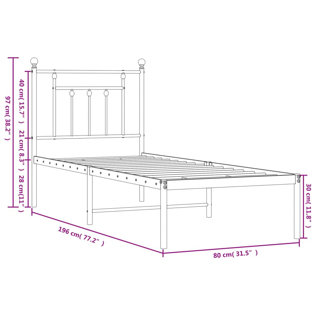 Bettgestell mit Kopfteil Metall Schwarz 75x190 cm