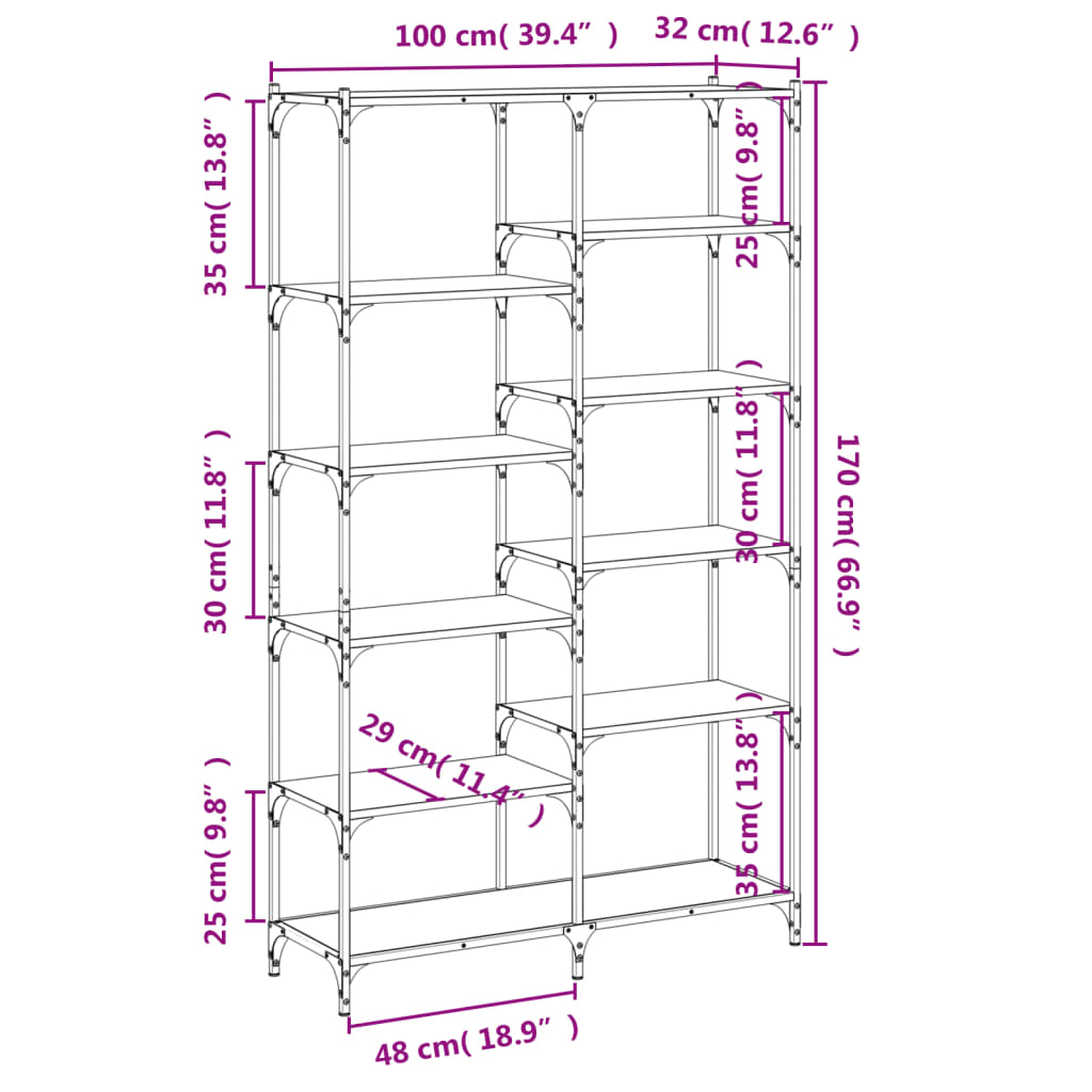 Bücherregal Sonoma Eiche 100x32x170 cm Holzwerkstoff und Eisen