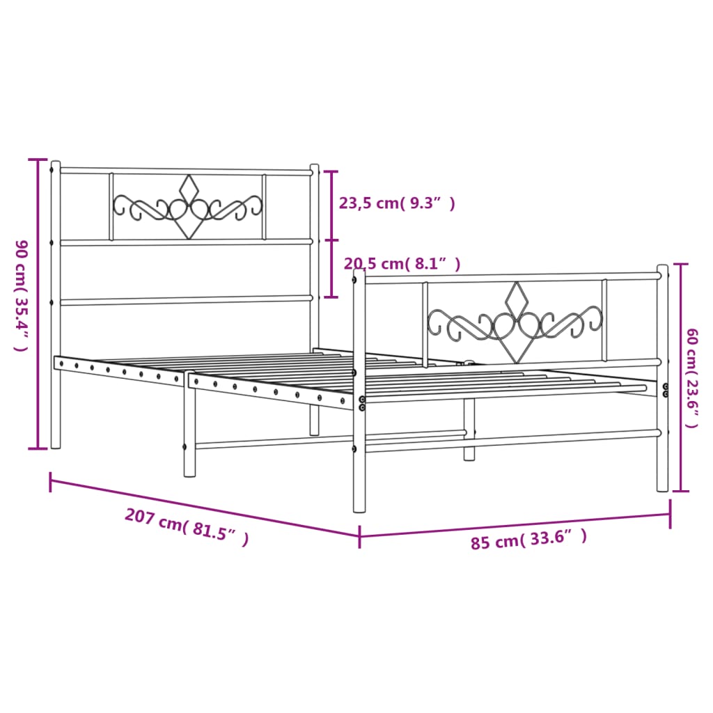 Bettgestell mit Kopf- und Fußteil Metall Schwarz 80x200 cm