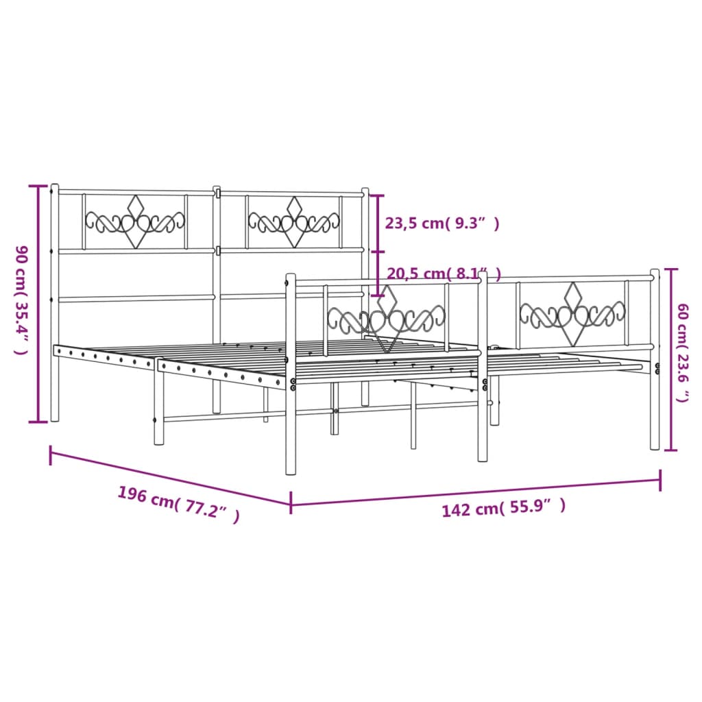 Bettgestell mit Kopf- und Fußteil Metall Schwarz 135x190 cm