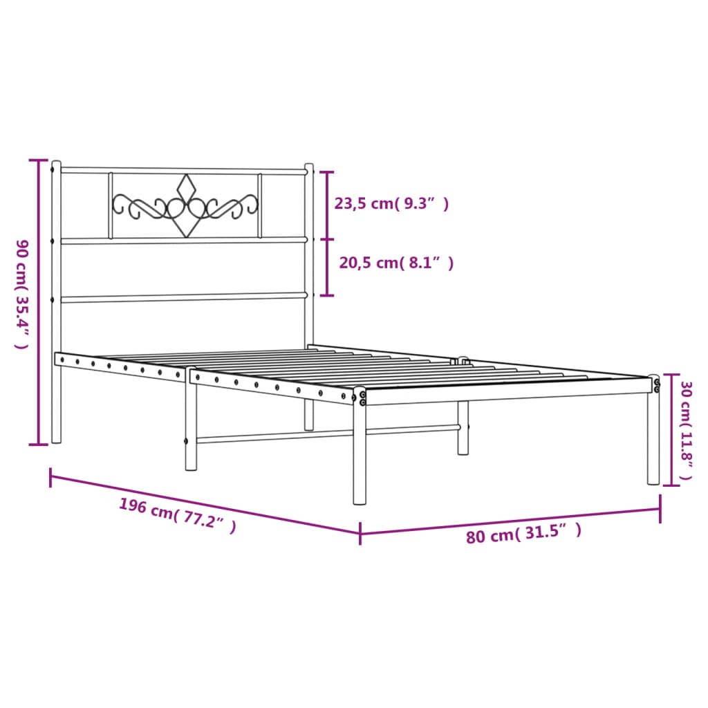 Metallbett ohne Matratze mit Kopfteil Weiß 75x190 cm