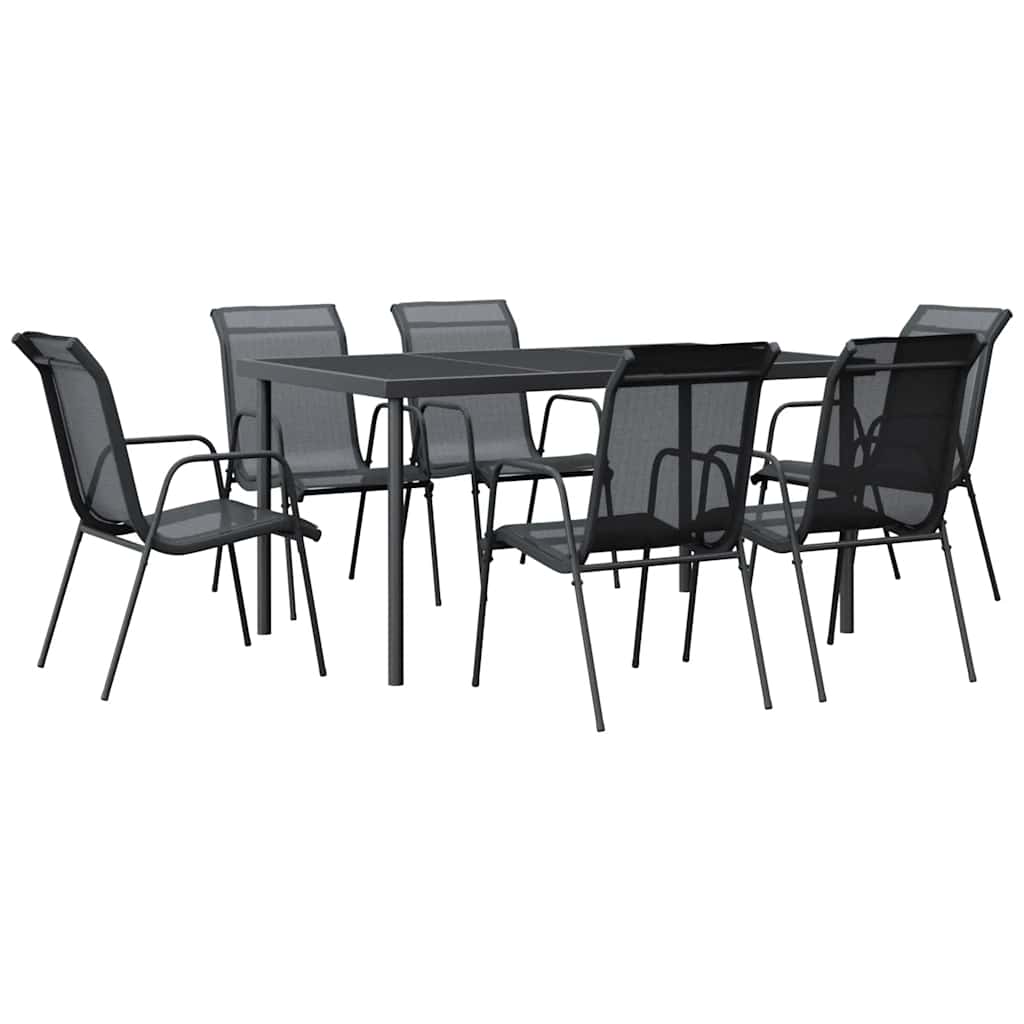 7-tlg. Garten-Essgruppe Schwarz Stahl und Textilene