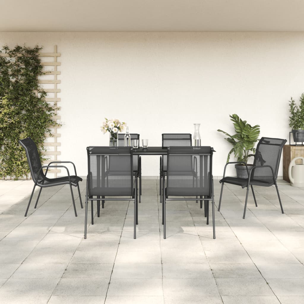 7-tlg. Garten-Essgruppe Schwarz Stahl und Textilene