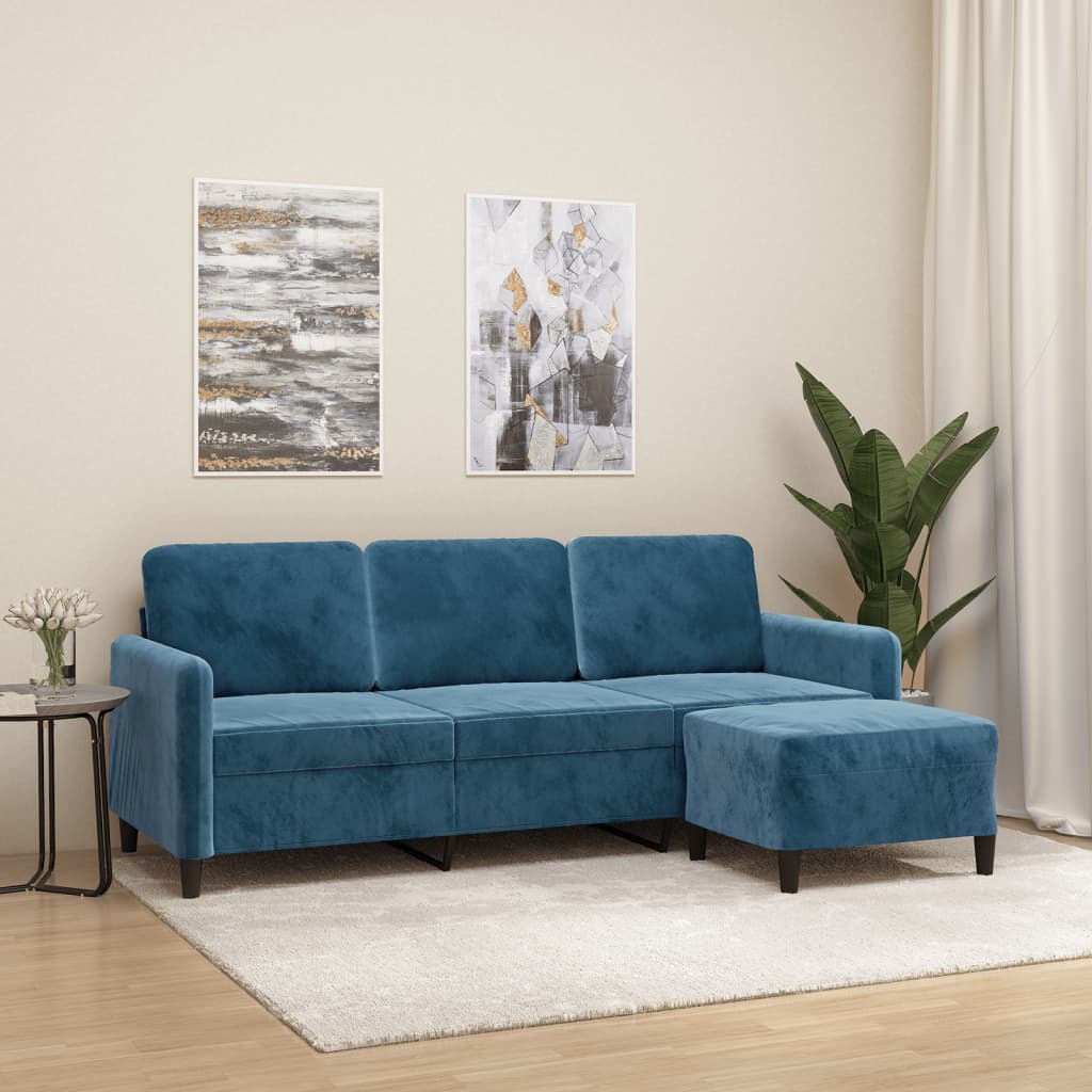 3-Sitzer-Sofa mit Hocker Blau 180 cm Samt