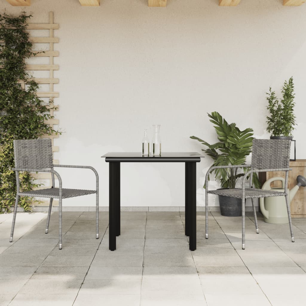 3-tlg. Garten-Essgruppe Grau und Schwarz Poly Rattan und Stahl