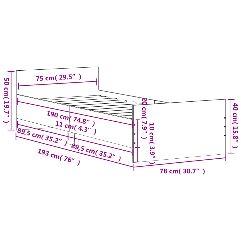 Bettgestell Grau Sonoma 75x190 cm Holzwerkstoff