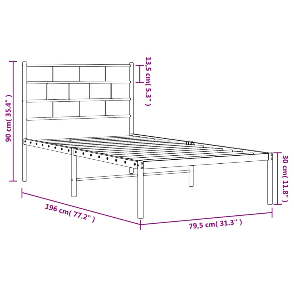 Bettgestell mit Kopfteil Metall Schwarz 75x190 cm