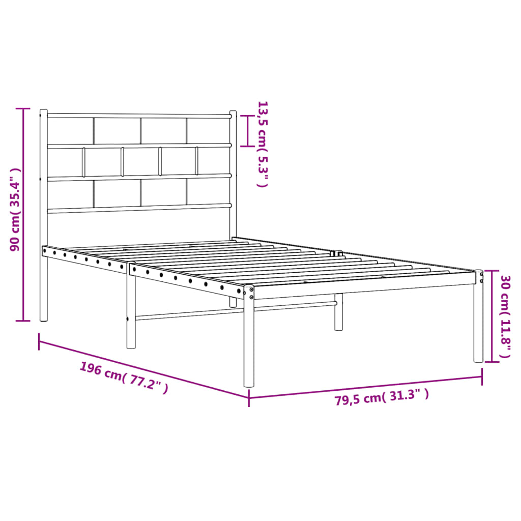 Metallbett ohne Matratze mit Kopfteil Weiß 75x190 cm