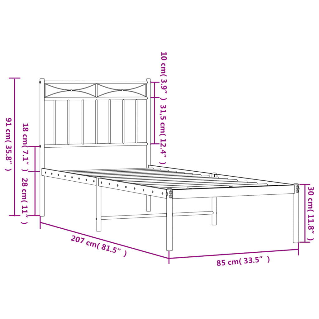 Bettgestell mit Kopfteil Metall Schwarz 80x200 cm