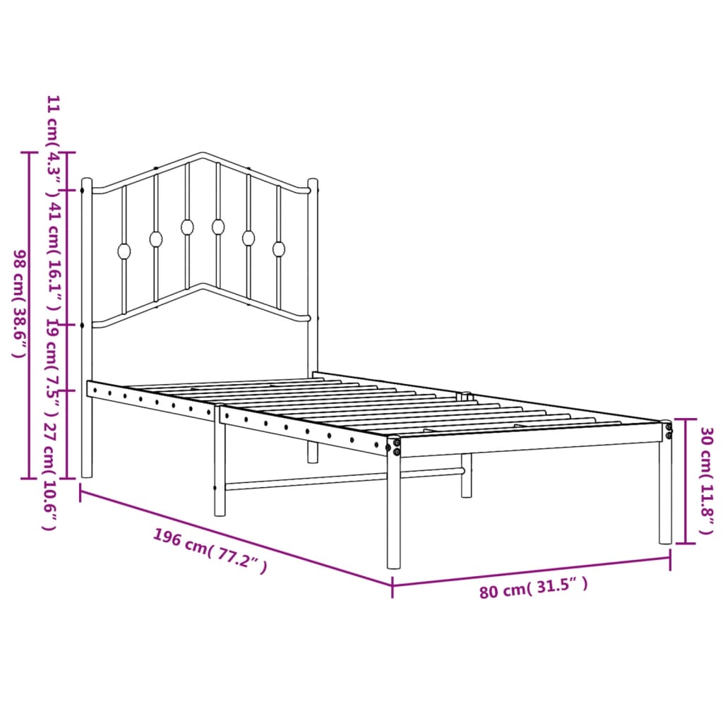 Metallbett ohne Matratze mit Kopfteil Weiß 75x190 cm